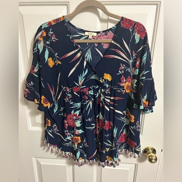Kori Tops - *Bundle Only! Kori America Navy Floral Tassel Top Size Medium Runs Large